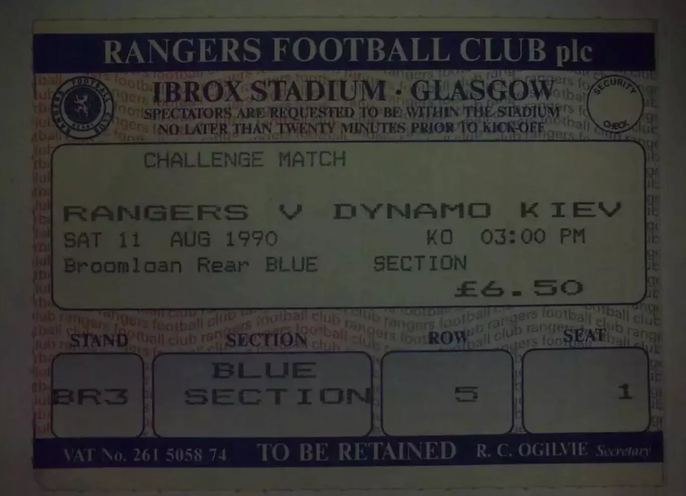 Футбол. Билет Рейнджерс Шотландия - Динамо Киев 1990 МТМ