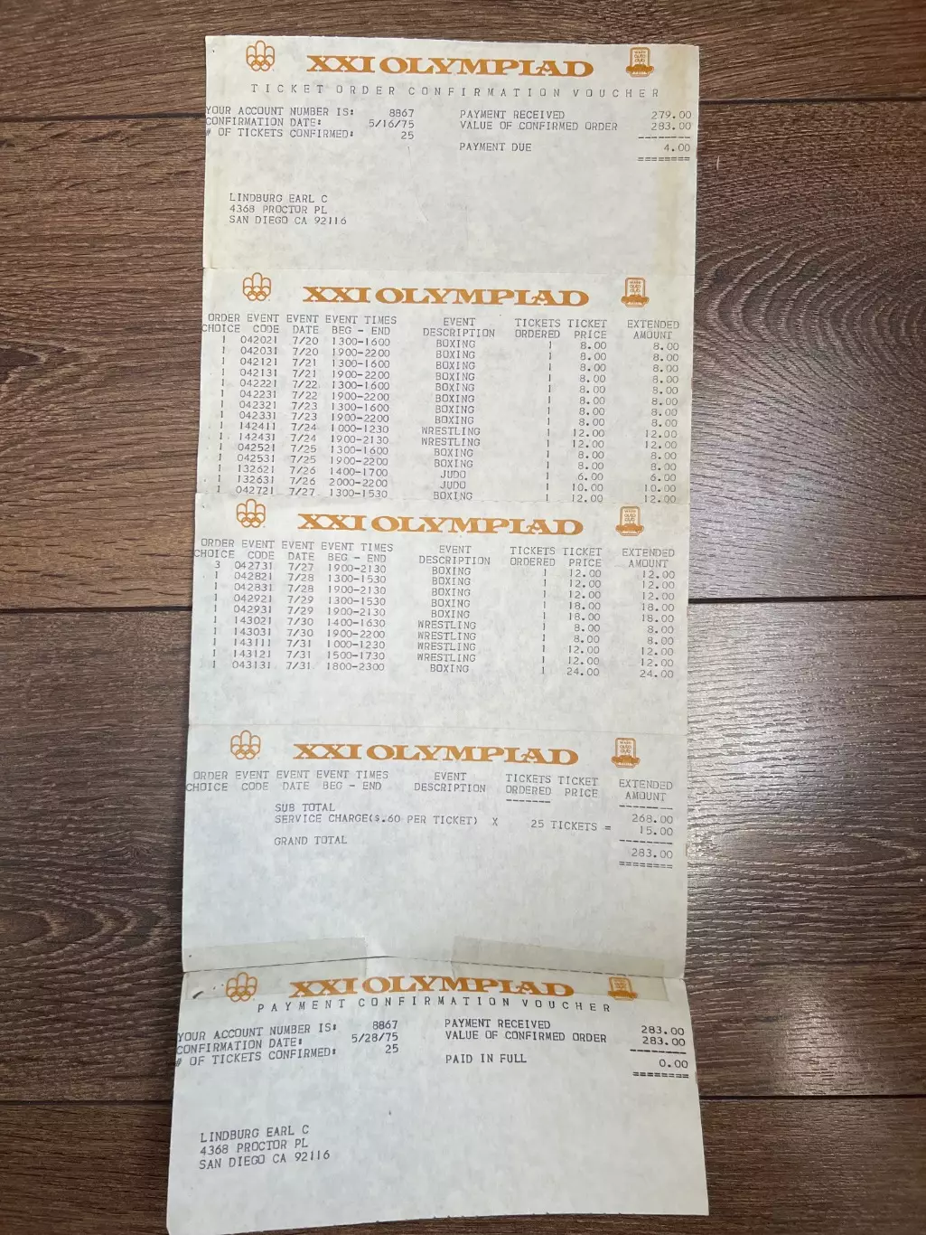 Олимпийские Игры 1976 Монреаль Канада - квитанция на покупку билетов