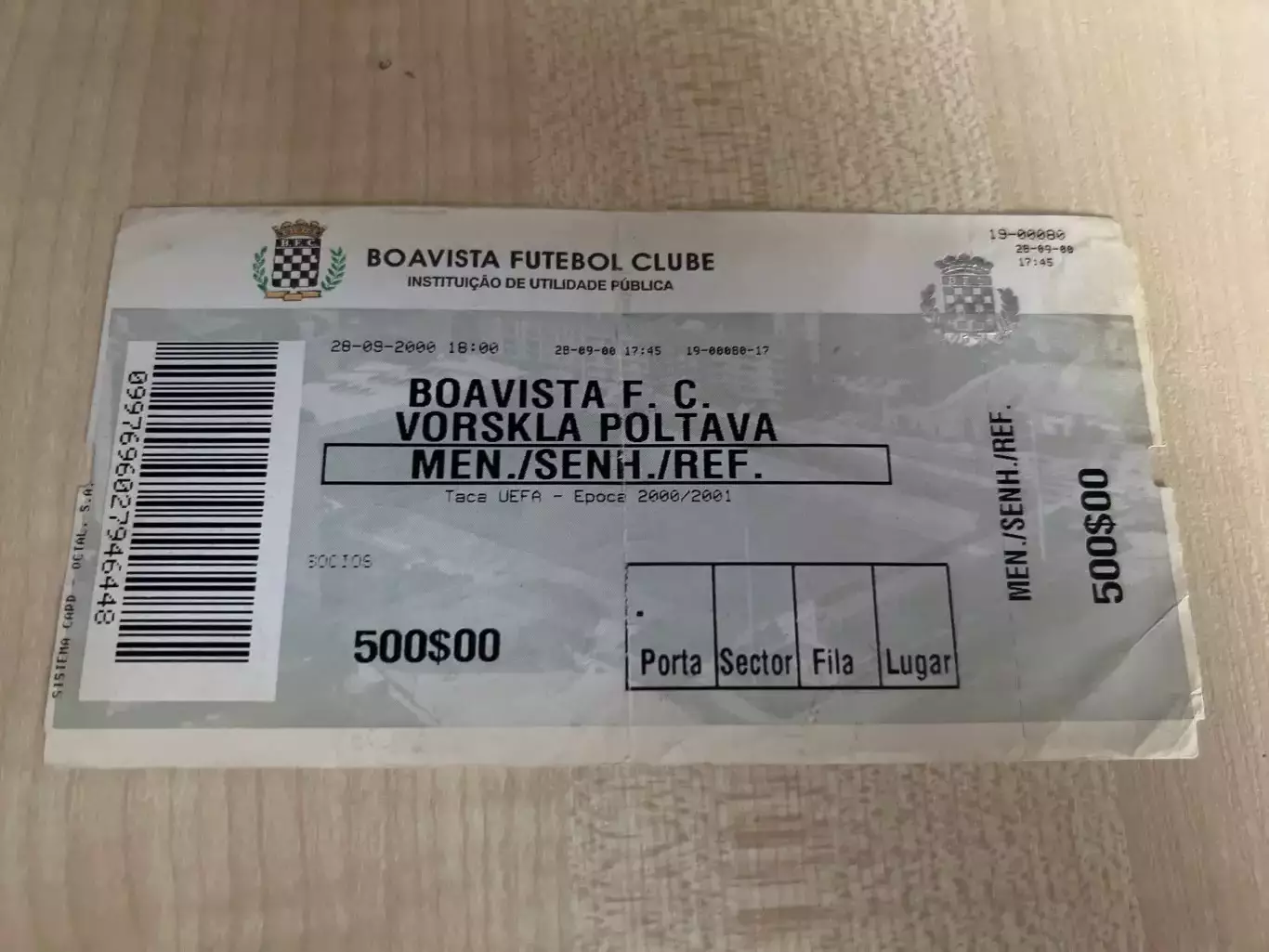 Билет Боавишта Португалия - Ворскла Полтава Украина 2000-2001