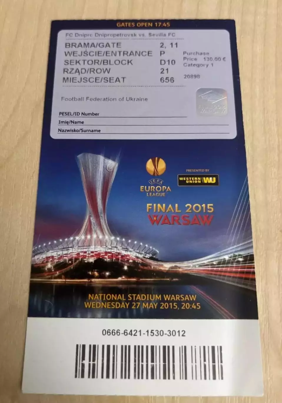 Билет Днепр Украина - Севилья Испания 2015 Финал Лига Европы