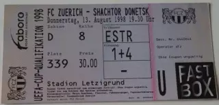 Билет Футбол Цюрих Швейцария - Шахтер Донецк Украина 1998-1999