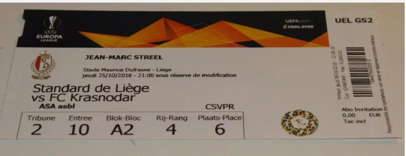 Билет Футбол Стандард Бельгия - Краснодар Россия 2018-2019