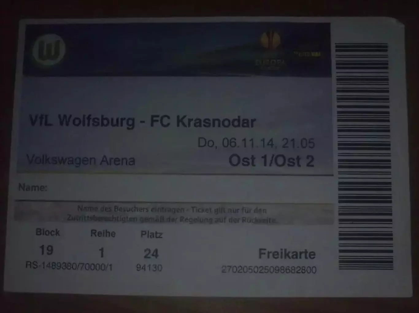 Билет ВОЛЬФСБУРГ Германия - ФК КРАСНОДАР Россия 2014-2015 Лига Европы