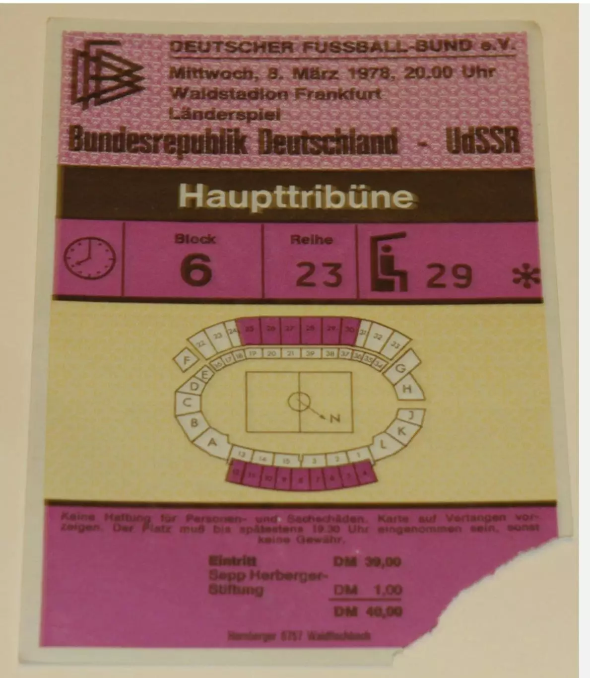 Билет Футбол ФРГ Германия - СССР 1978