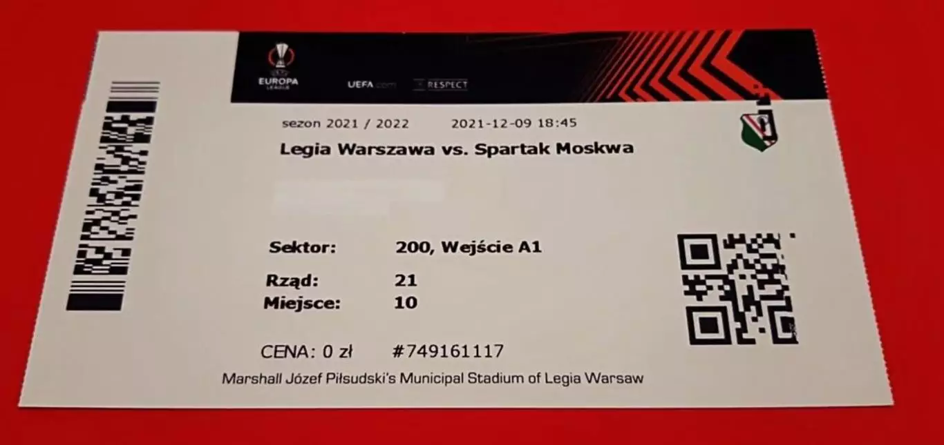 Билет Футбол Легия Польша - Спартак Москва Россия 2021-2022