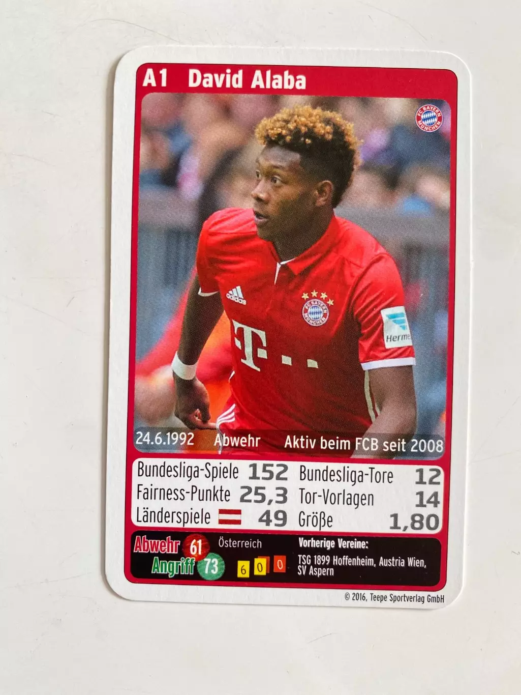 Футбол. Карточка Бавария Мюнхен 2016-2017 - Alaba