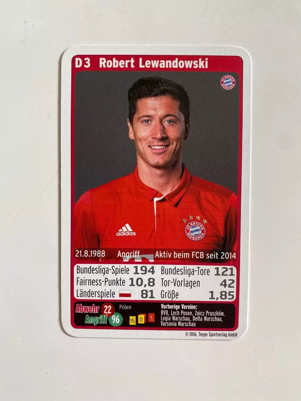Футбол. Карточка Бавария Мюнхен 2016-2017 - Lewandowski