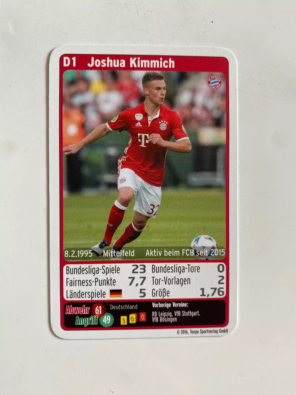 Футбол. Карточка Бавария Мюнхен 2016-2017 - Kimmich