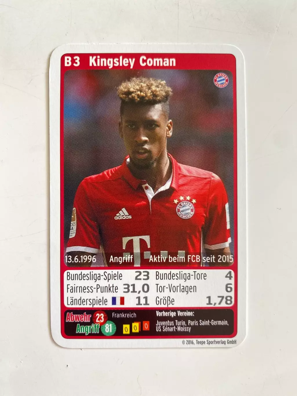 Футбол. Карточка Бавария Мюнхен 2016-2017 - Coman