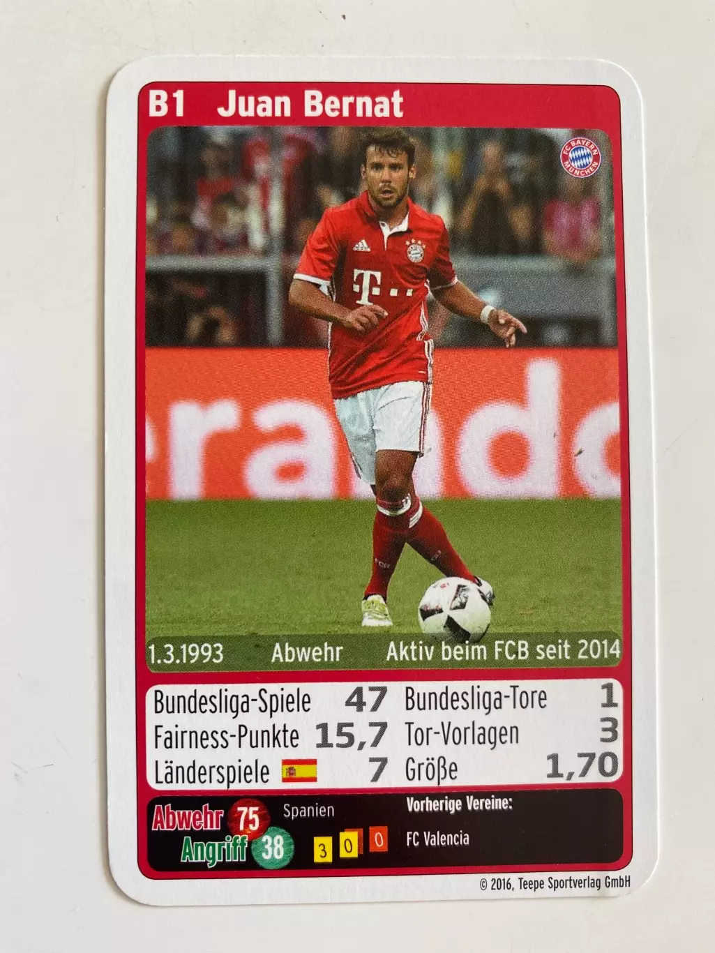 Футбол. Карточка Бавария Мюнхен 2016-2017 - Bernat