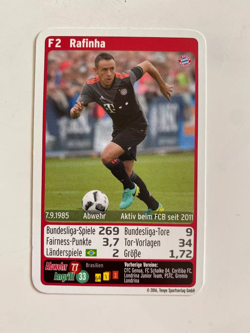 Футбол. Карточка Бавария Мюнхен 2016-2017 - Rafinha