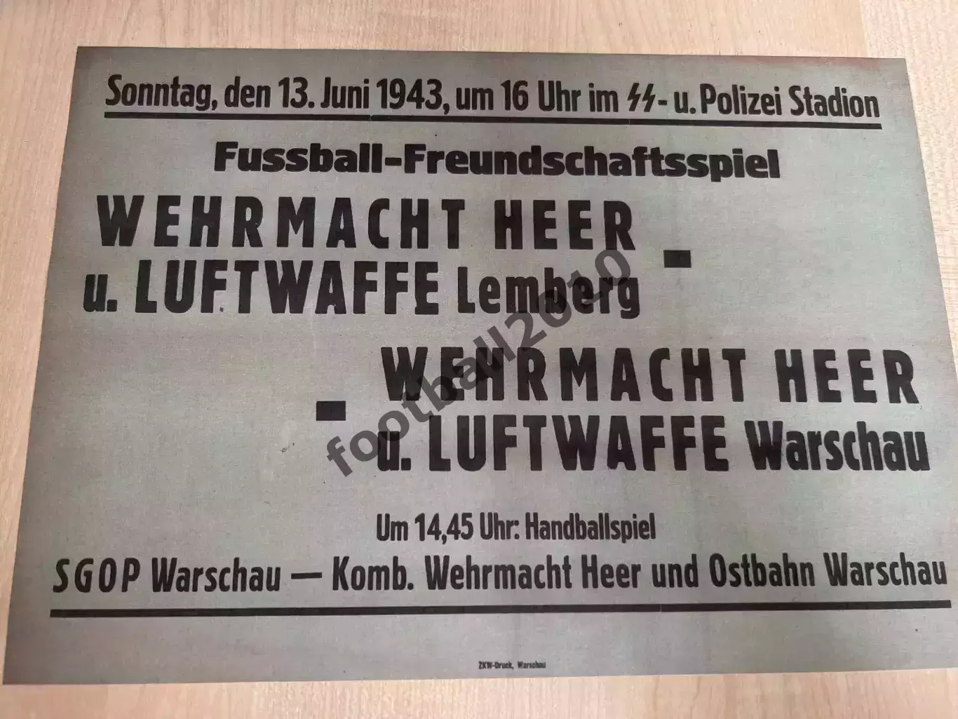 Афиша (копия) футбол Польша 1943 команда Львов. оккупация, на немецком
