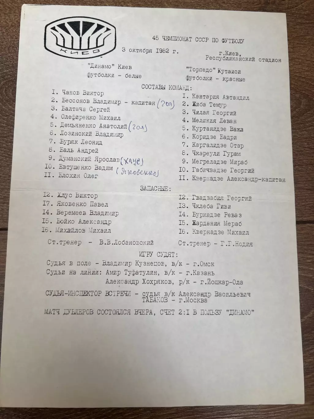 пресс-лист Динамо Киев - Торпедо Кутаиси 1982