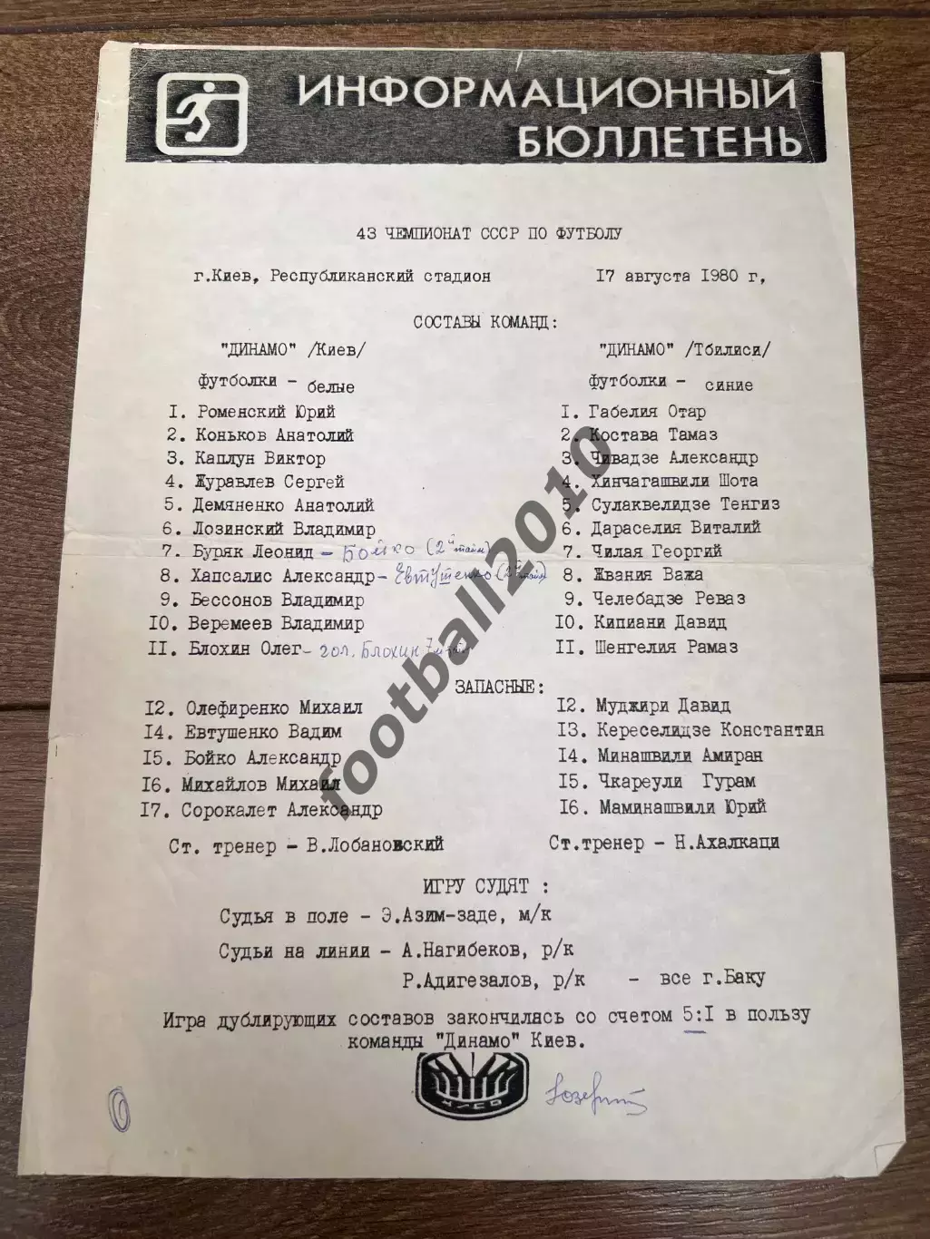 пресс-лист Динамо Киев - Динамо Тбилиси 1980