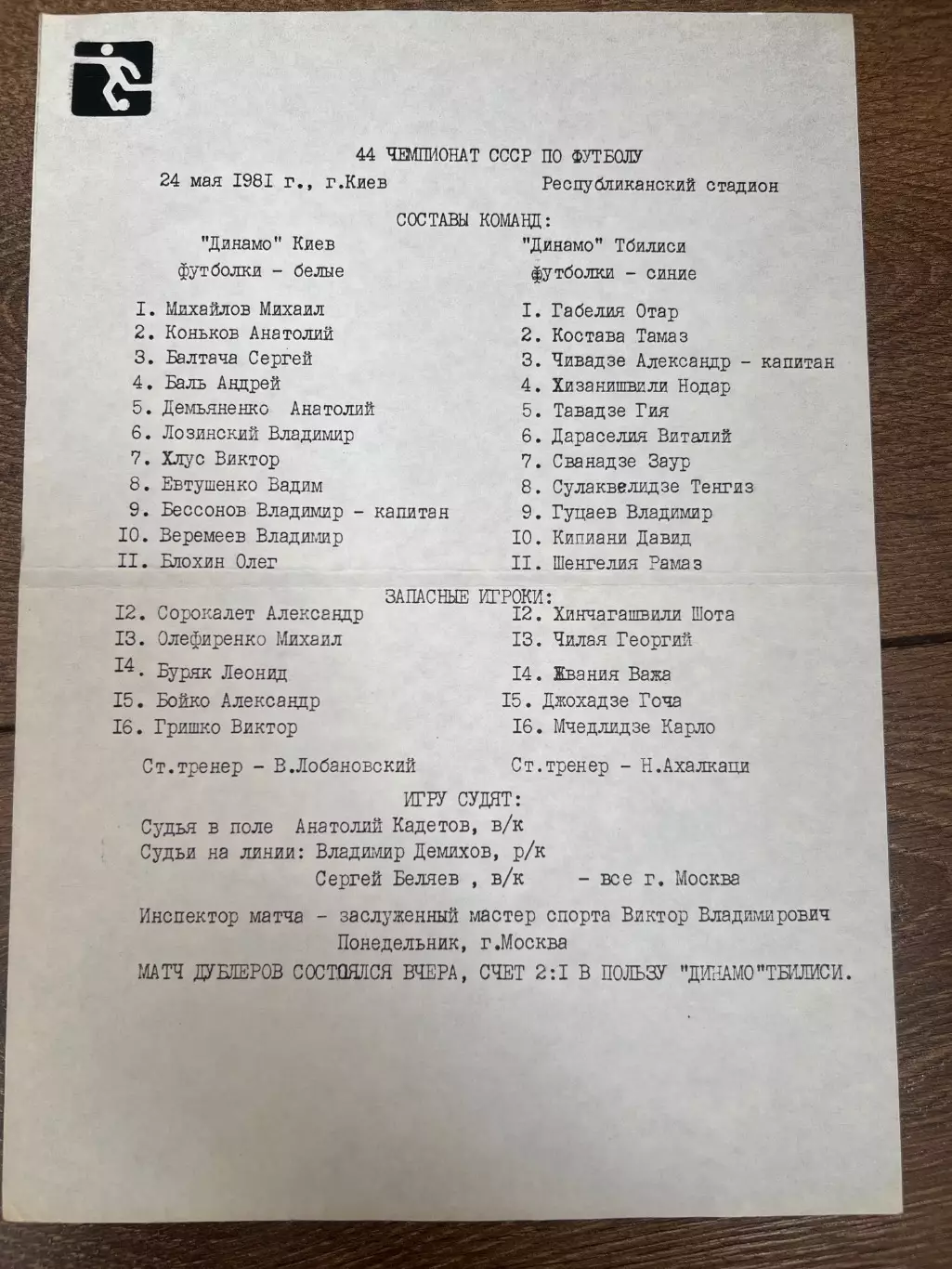 пресс-лист Динамо Киев - Динамо Тбилиси 1981