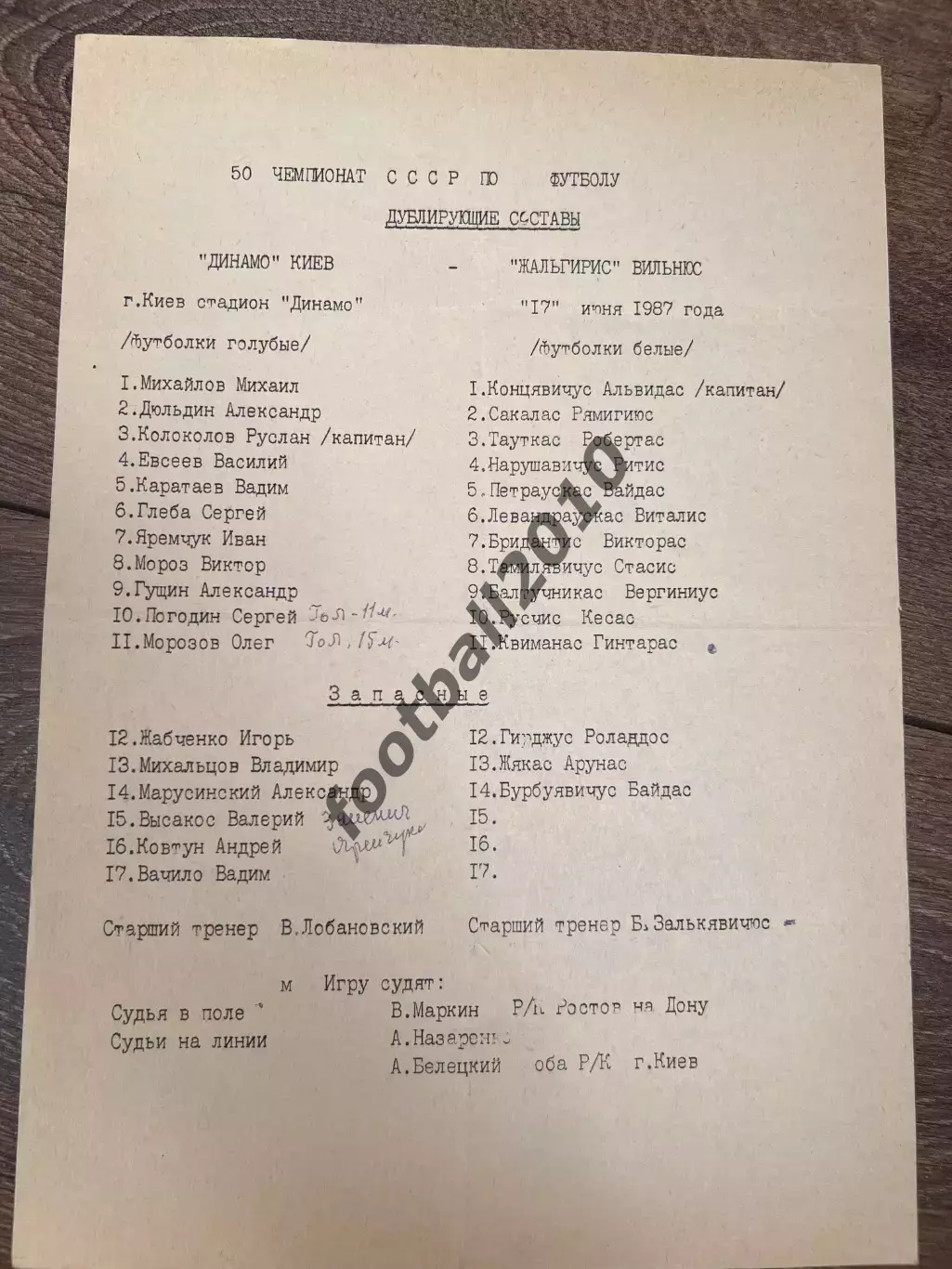 пресс-лист Динамо Киев - Жальгирис Вильнюс 1987 дубль
