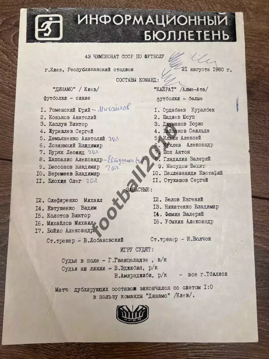 пресс-лист Динамо Киев - Кайрат Алта-Ата 1980
