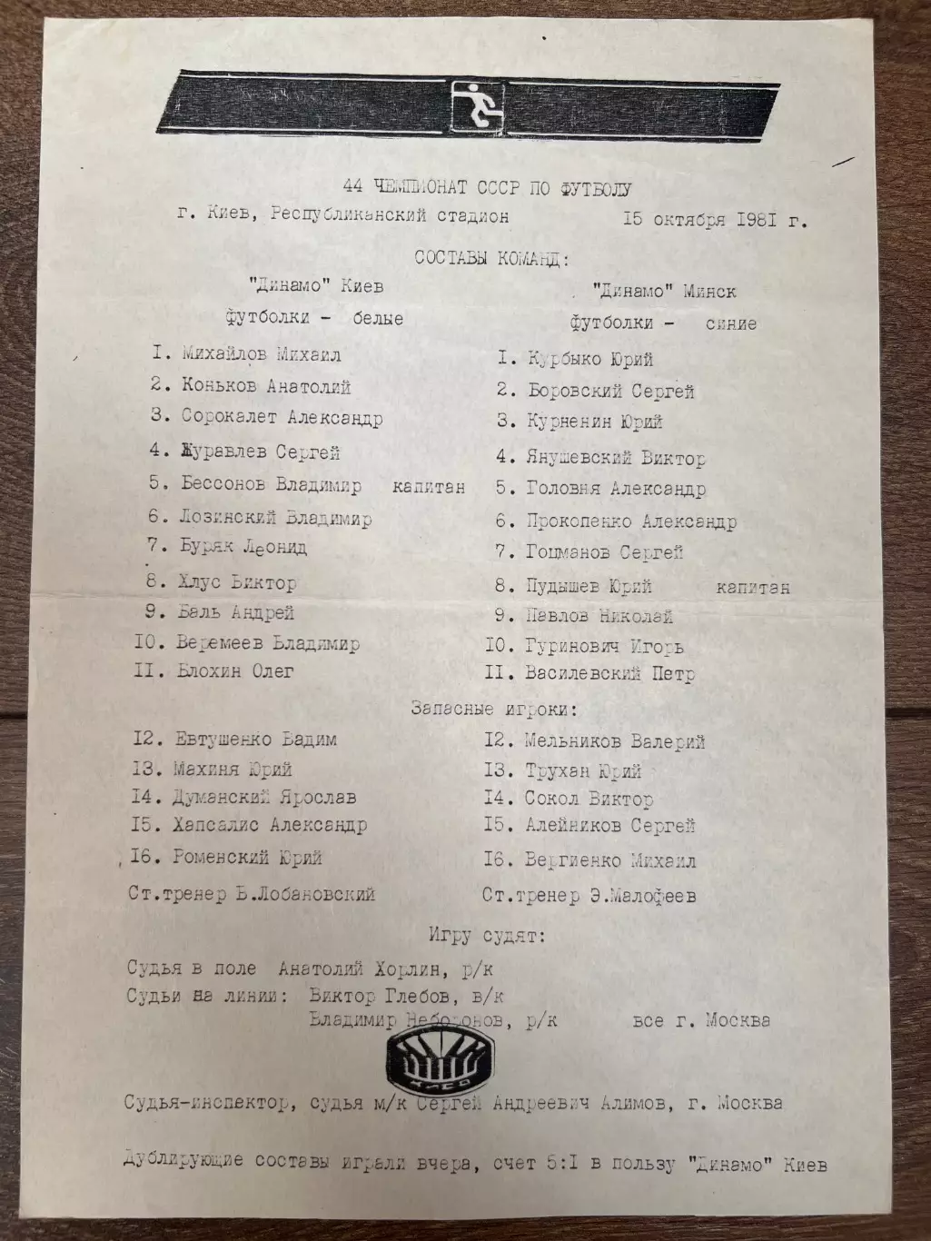 пресс-лист Динамо Киев - Динамо Минск 1981