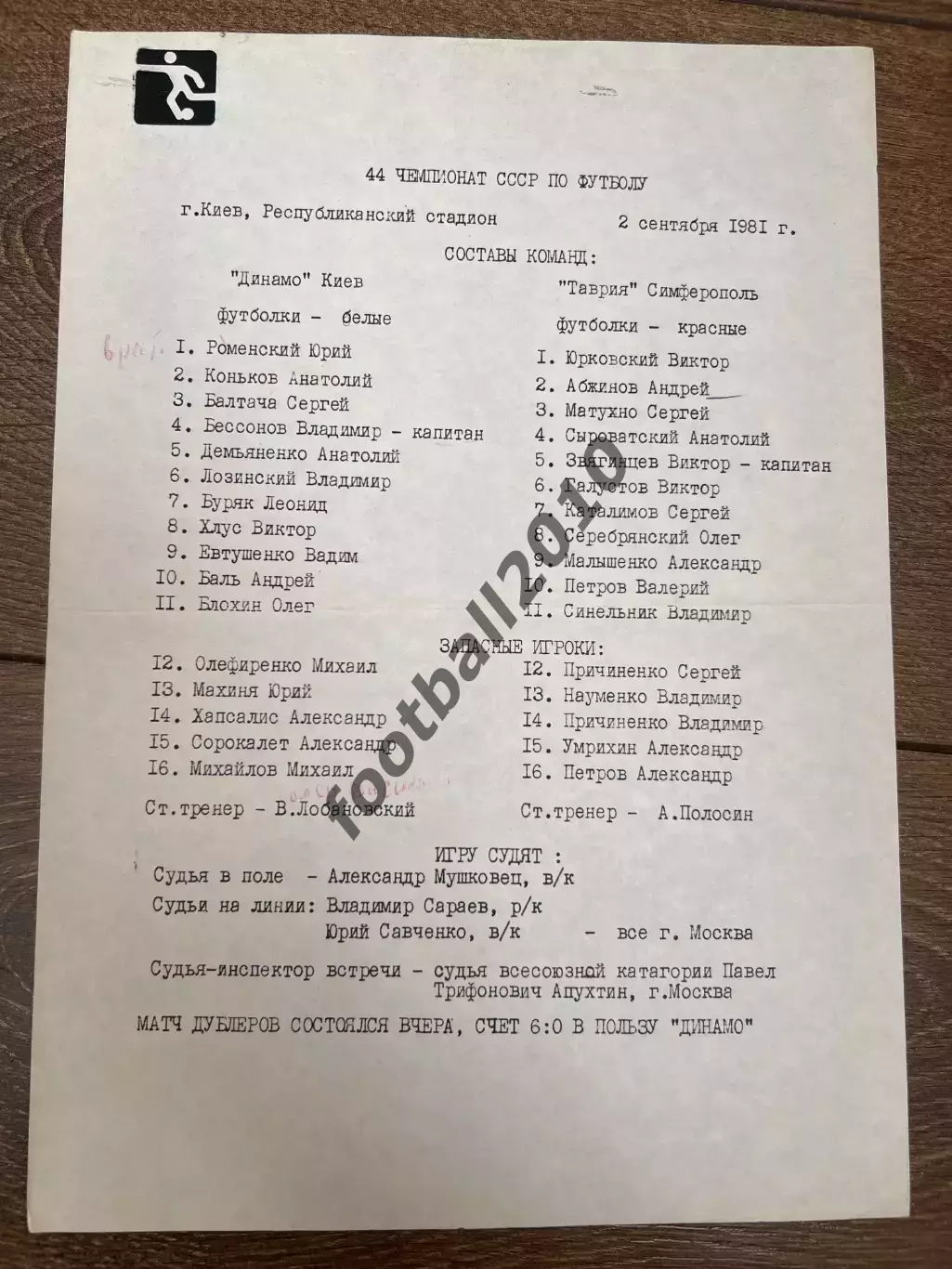 пресс-лист Динамо Киев - Таврия Симферополь 1981