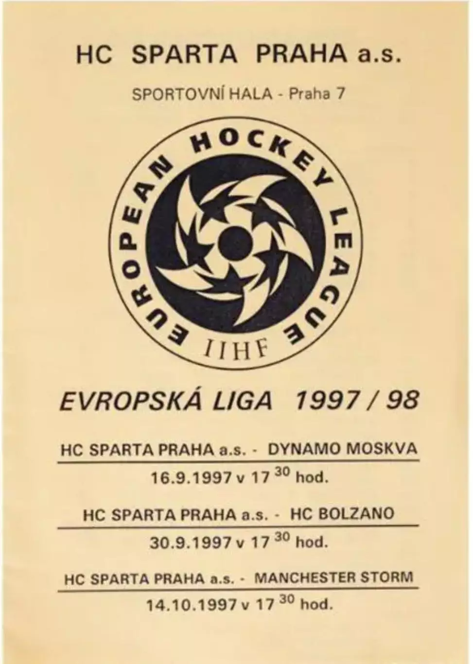 Европейская хоккейная лига. Спарта Чехия - Динамо Москва Россия 1997