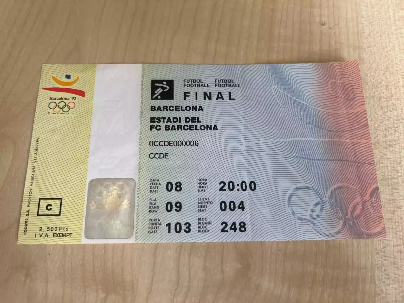 Билет Олимпийские Игры 1992. Барселона футбол Польша - Испания финал