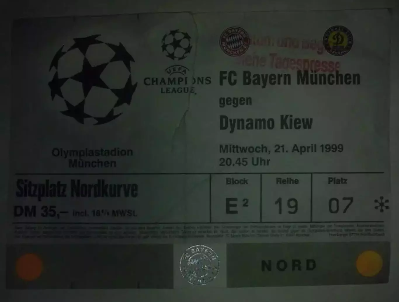 Футбол. Билет Бавария Мюнхен - Динамо Киев 1998-1999