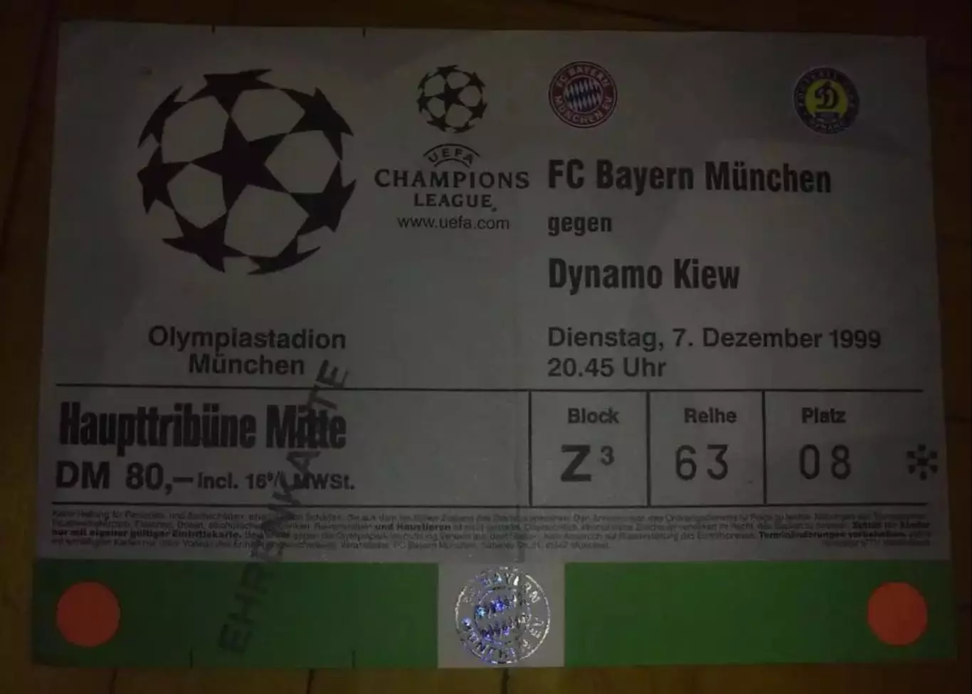 Футбол. Билет Бавария Германия - Динамо Киев 1999-2000
