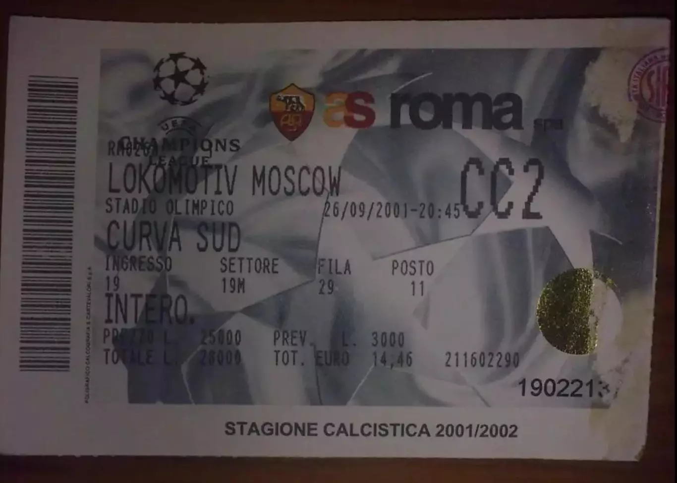 Билет Рома Италия - Локомотив Москва 2001-2002