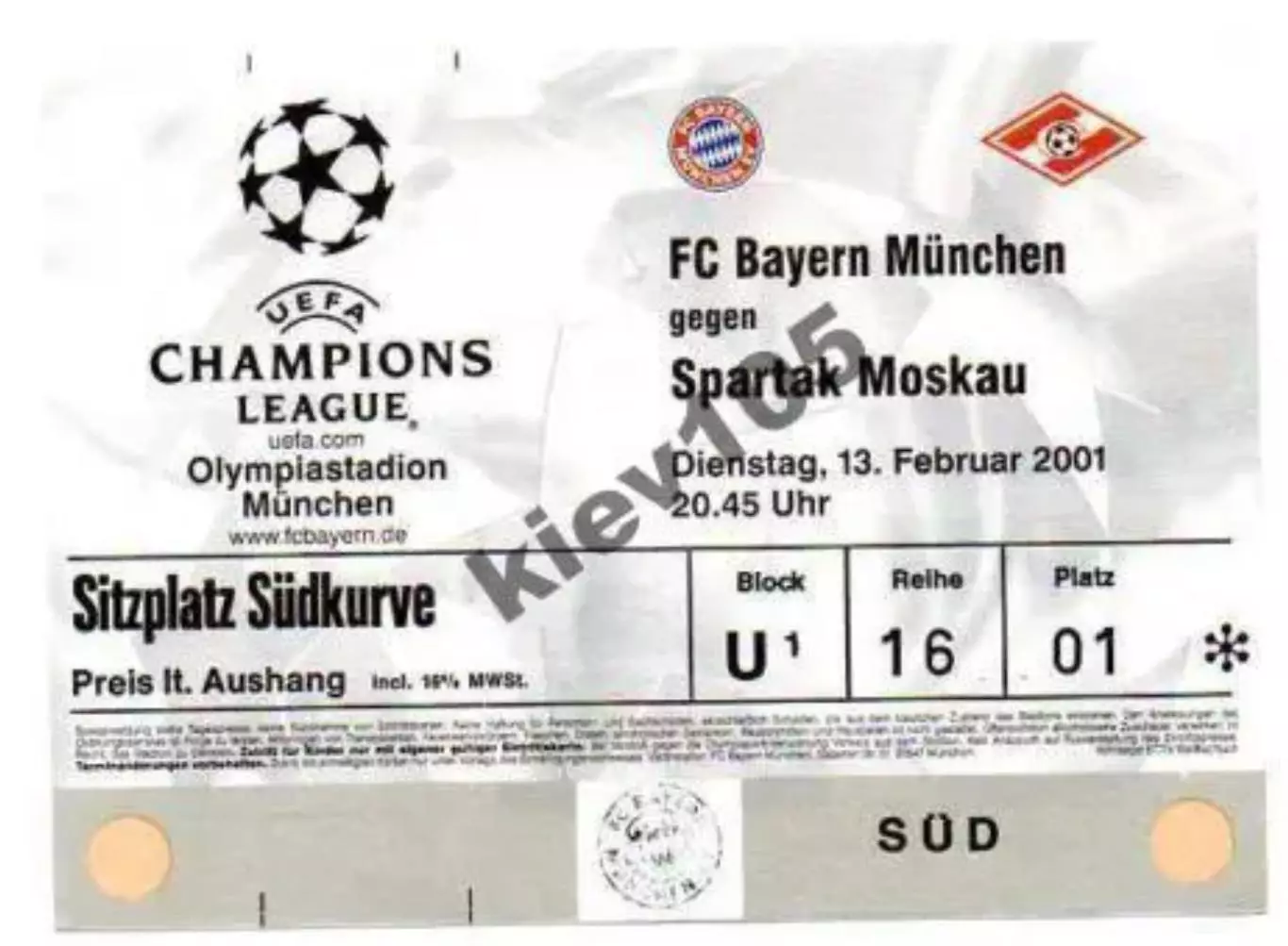Билет Бавария Германия - Спартак Москва 13.02.2001 2000-2001