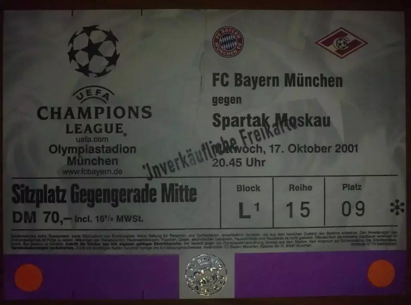 Билет Бавария Германия - Спартак Москва 17.10.2001 2001-2002