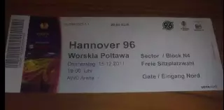 Футбол. Билет Ганновер Германия - Ворскла Полтава 2011-2012