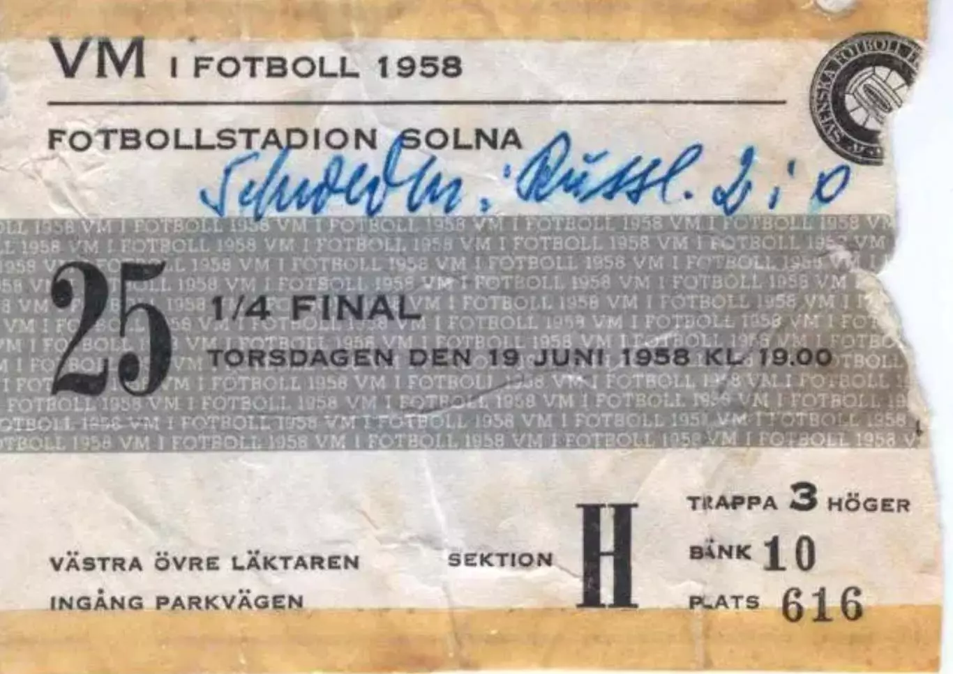 Билет Швеция - СССР 1958 Чемпионат Мира