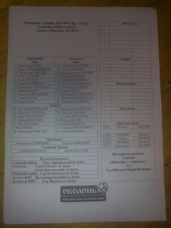 пресс-лист Оболонь Киев - Арсенал Киев 2010-11