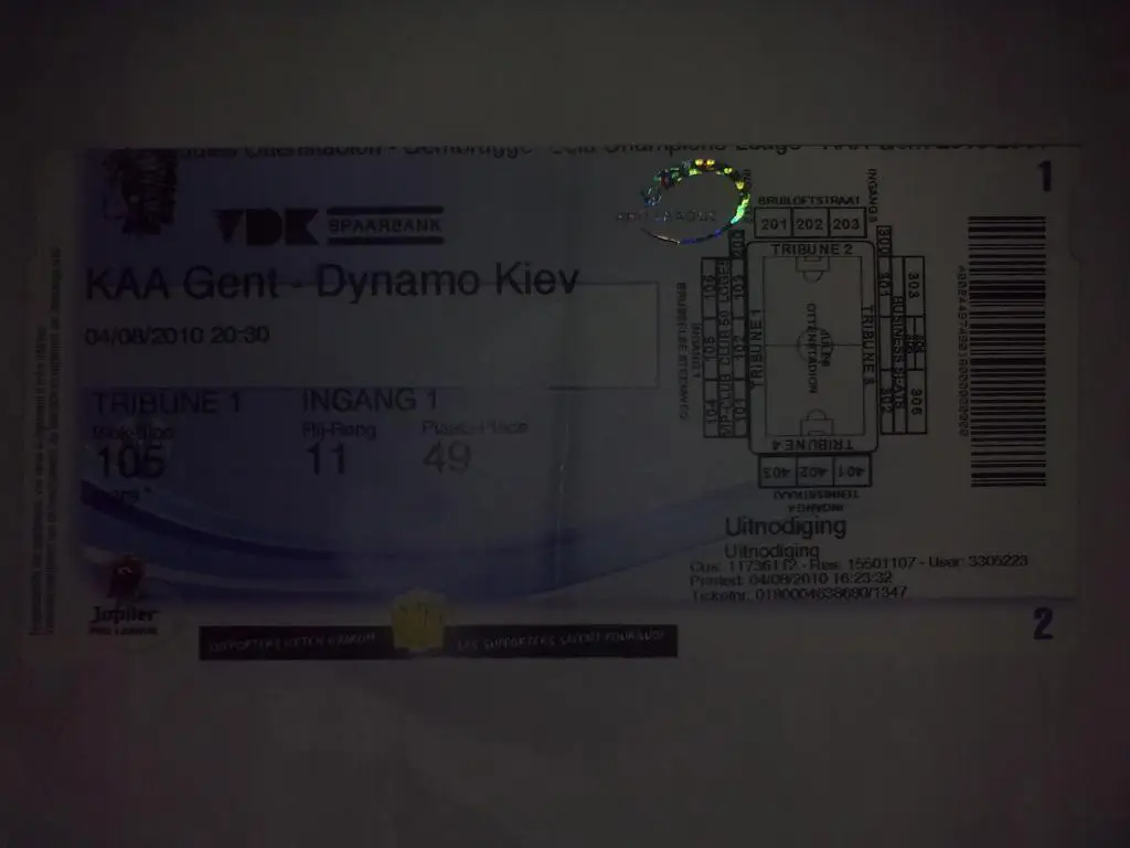 Футбол. Билет Гент Бельгия - Динамо Киев 2010