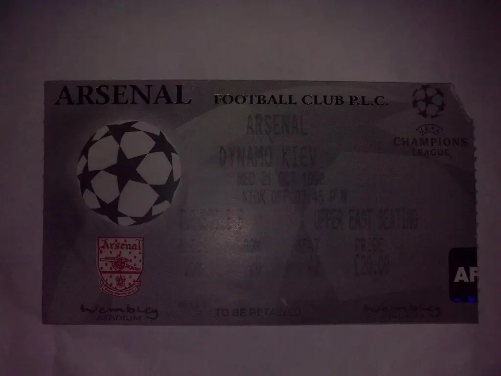 Футбол. Билет Арсенал Лондон - Динамо Киев 1998