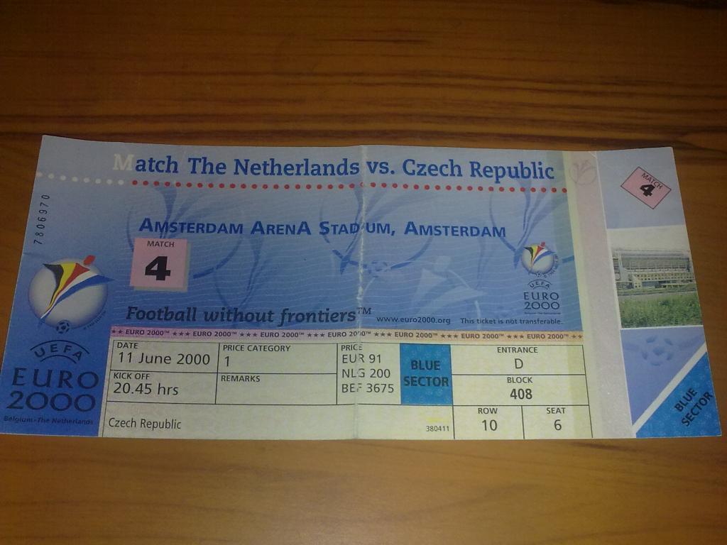 Билет Голландия - Чехия 2000 ЕВРО