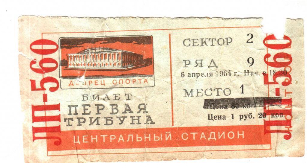Хоккей. Билет ЦСКА Москва - Динамо 6.04.1964