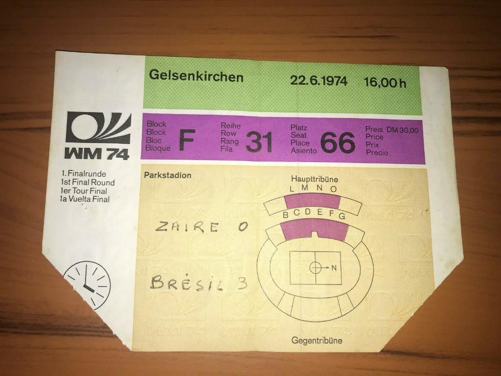 Билет Бразилия - Заир 1974 Чемпионат Мира Германия