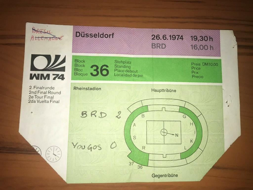 Билет Югославия - Германия 1974 Чемпионат Мира Германия