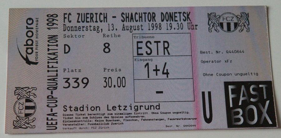 Футбол. Билет Цюрих Швейцария - Шахтер Донецк Украина 1988-1999 (с контролем)