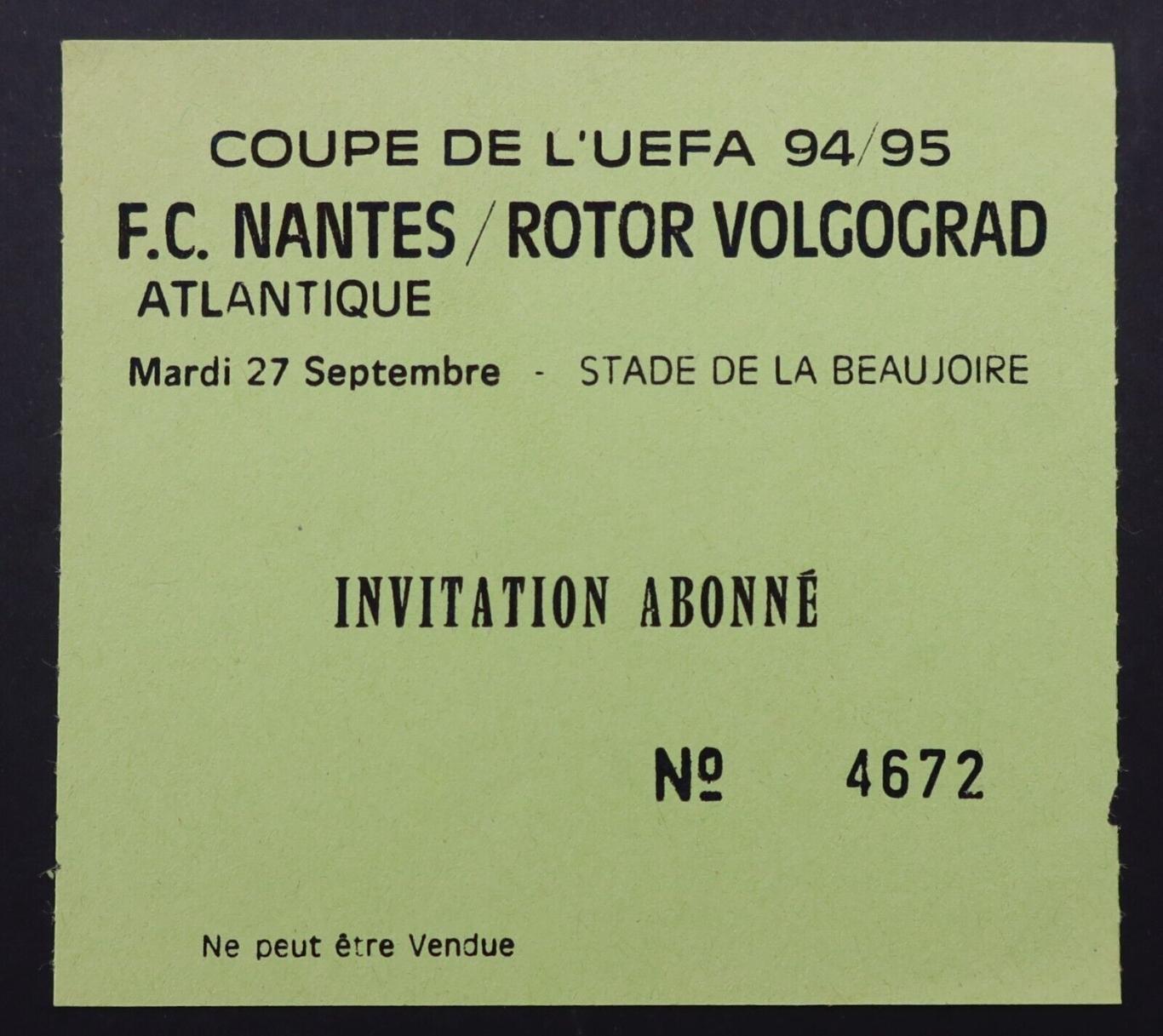 Билет Нант Франция - Ротор волгоград россия 1994