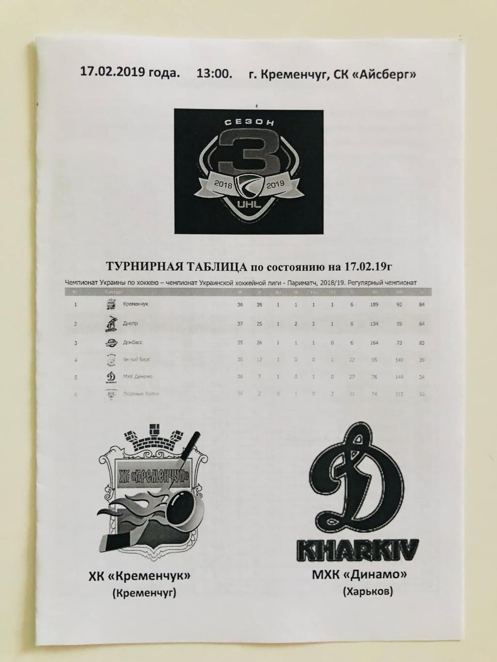 Хоккей. Программа Кременчуг Кременчук - Динамо Харьков 2018-2019 №4