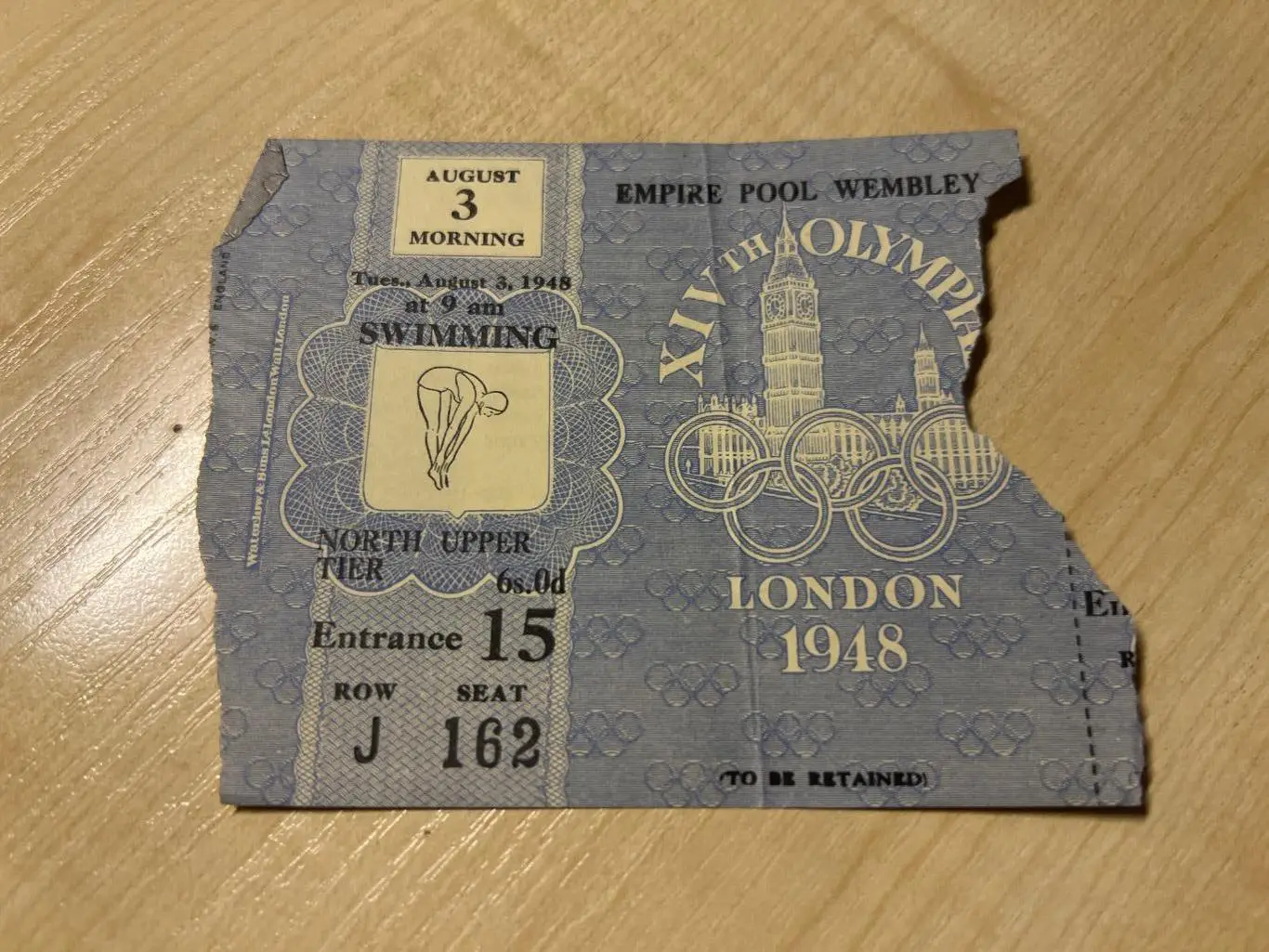Билет Олимпийские Игры 1948 Лондон - плаванье 3.08.1948