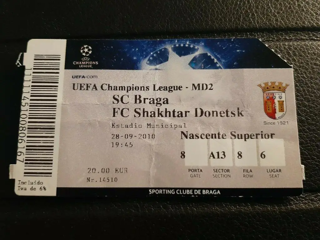 Футбол. Билет Брага Португалия - Шахтер Донецк 2010-2011