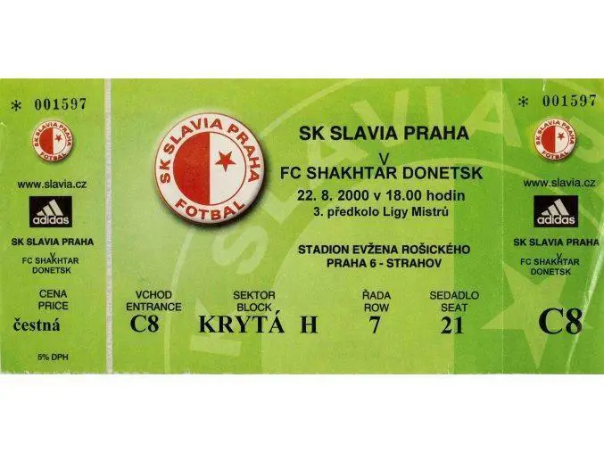 Билет Славия Прага Чехия - Шахтер Донецк Украина 2000 с контролем