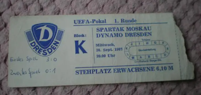 Билет Динамо Дрезден Германия - Спартак Москва Россия СССР 1987 Кубок УЕФА