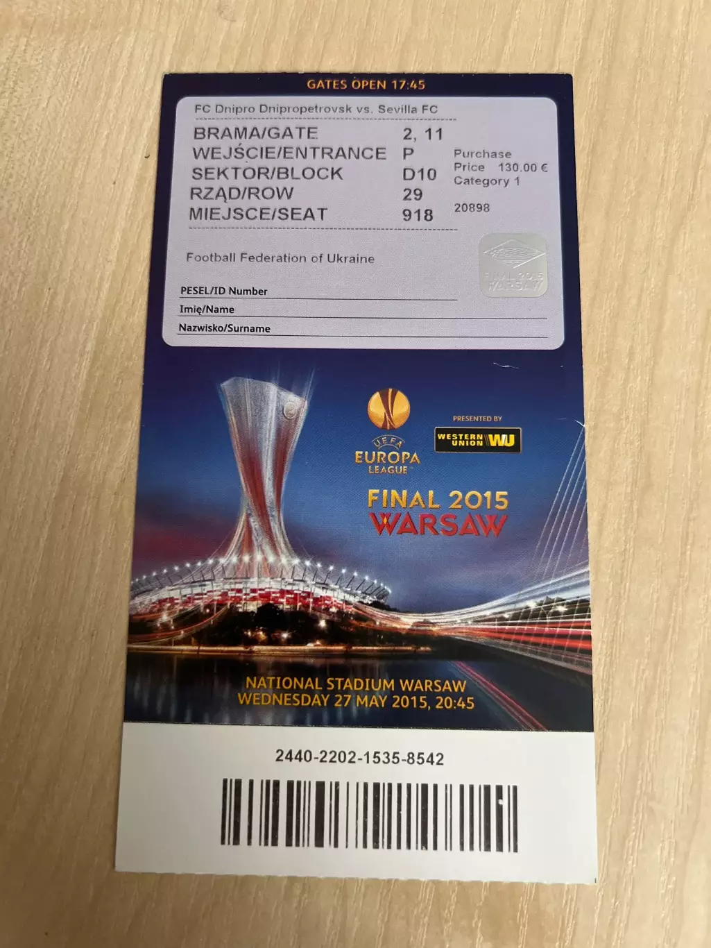 Билет Днепр Украина - Севилья Испания 2015 Финал Лига Европы