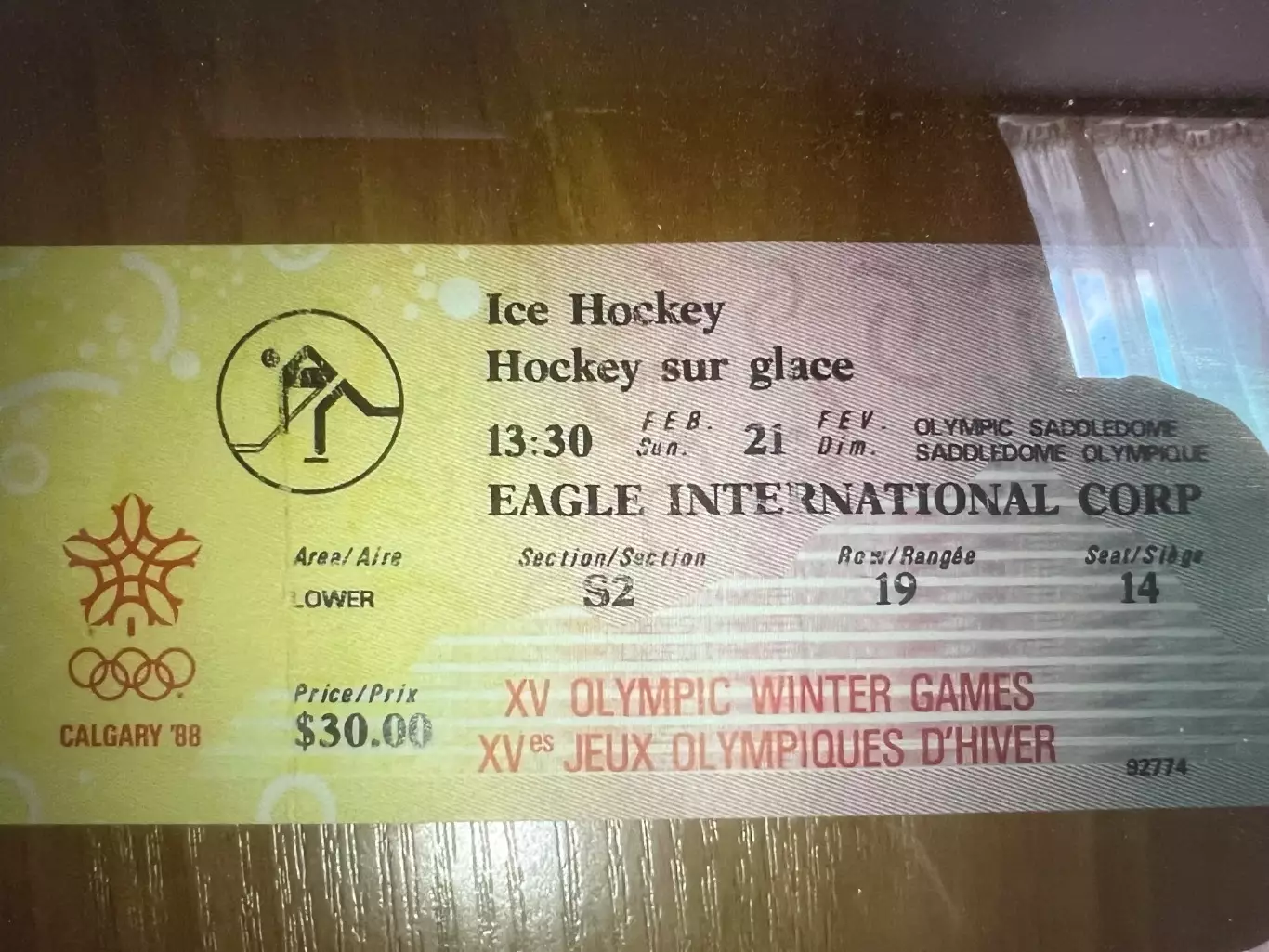 Билет Хоккей Олимпийские Игры 1988 Калгари. СССР - ЧССР