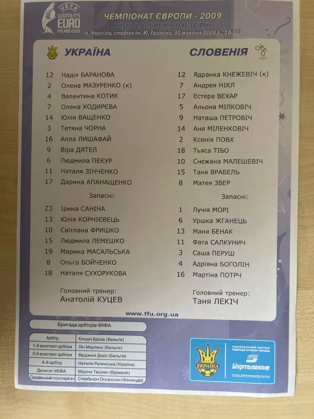 Пресс-лист 2 Украина - Словения 2008 женские