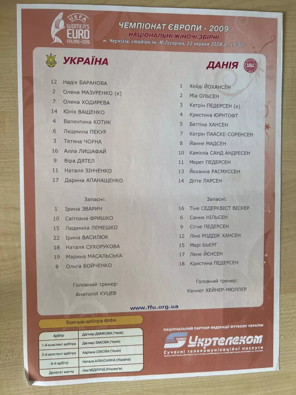 Пресс-лист Украина - Дания 2008 женские